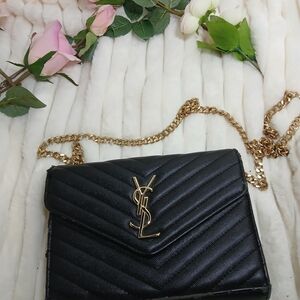 Yves Saint Laurent Black Chevron Crossbody with Gold Chain